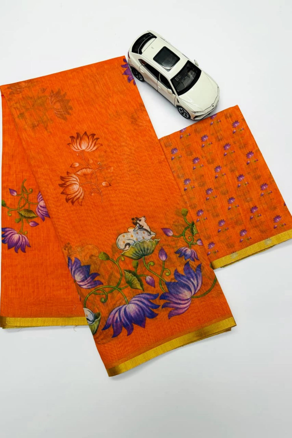 Tangerine Orange Linen Silk Saree with Lotus & Cow Print