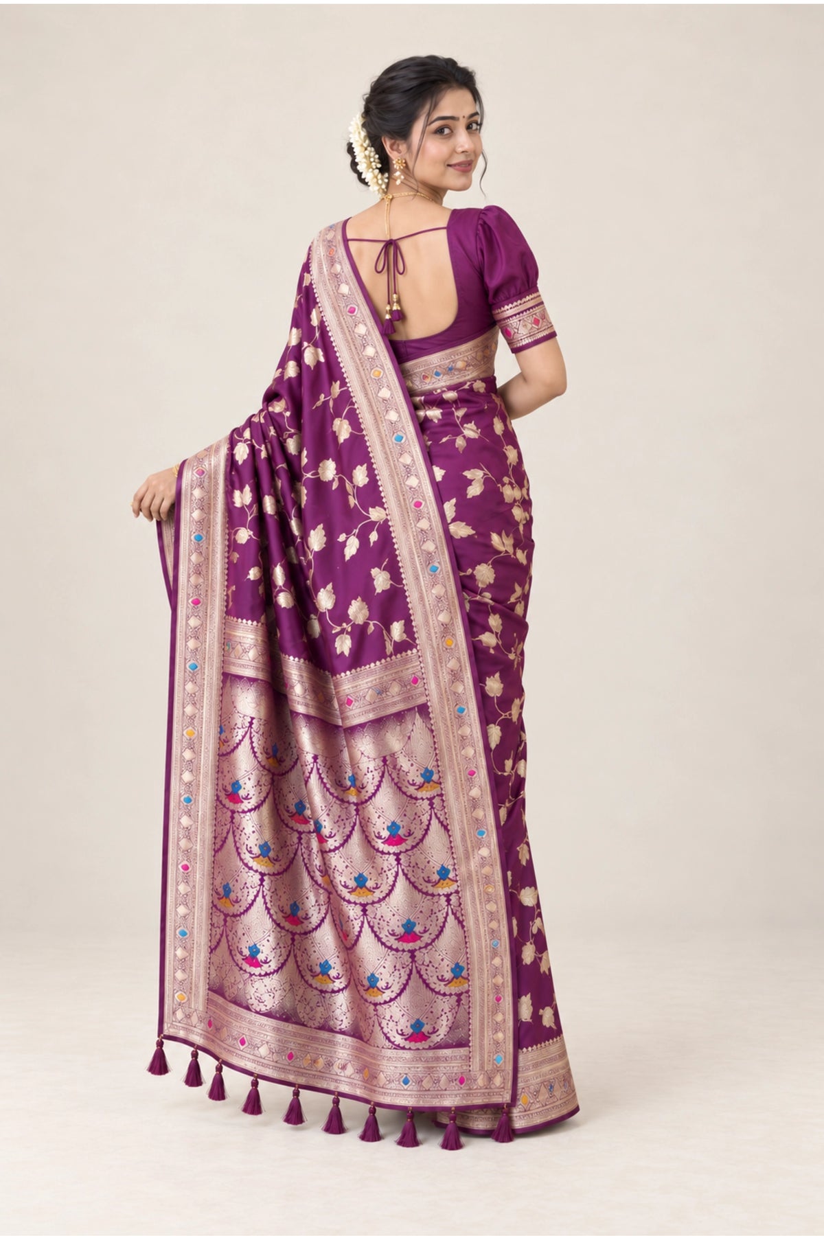Wine Meenakari Floral Woven Saree