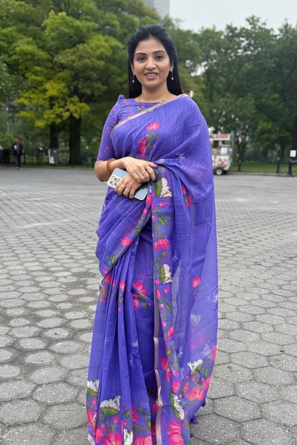 Lavender Purple Linen Silk Saree with Lotus & Cow Print