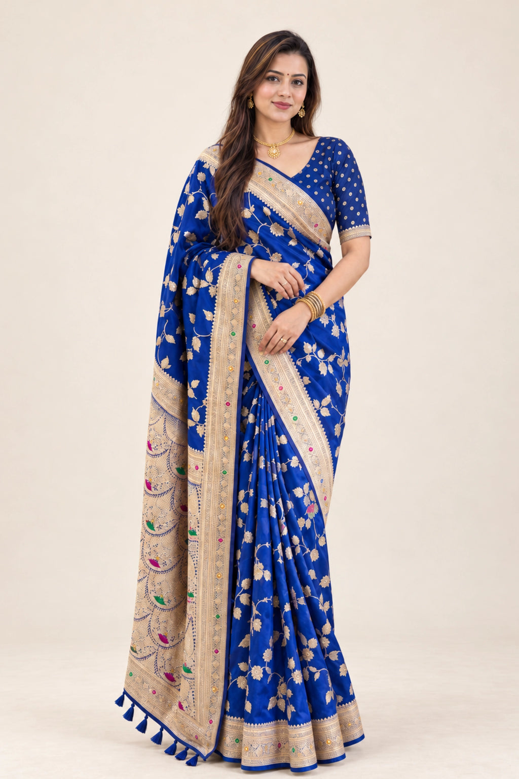 Royal Blue Meenakari Floral Woven Saree