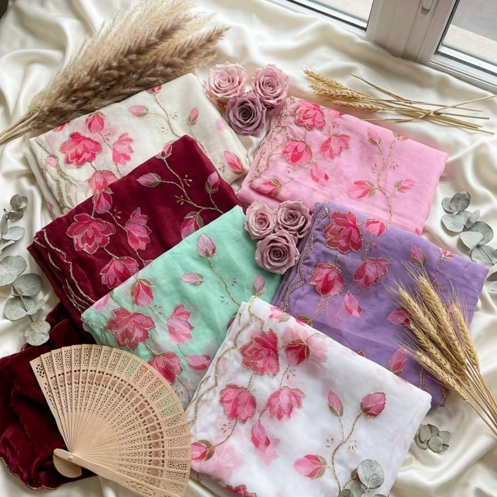 Lavender Organza Saree with Pink Floral Scalloped Border