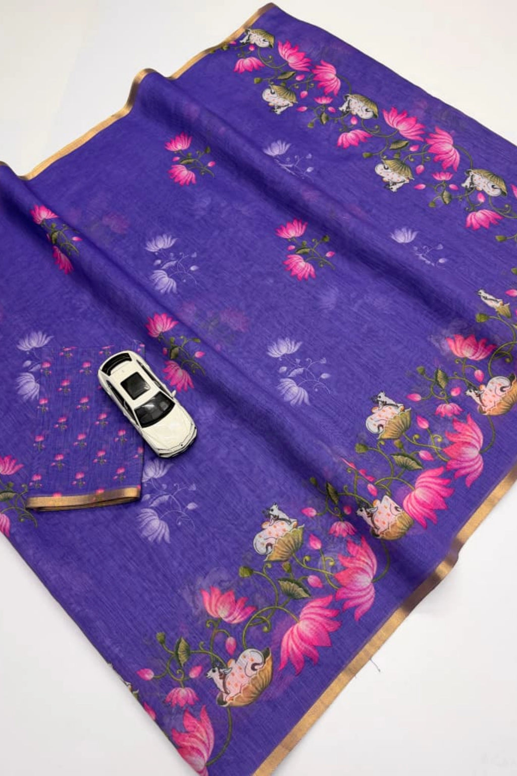 Lavender Purple Linen Silk Saree with Lotus & Cow Print
