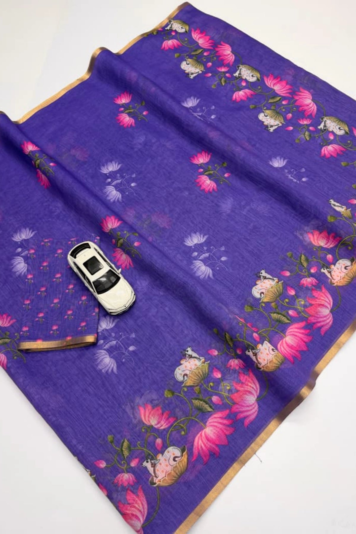 Lavender Purple Linen Silk Saree with Lotus & Cow Print