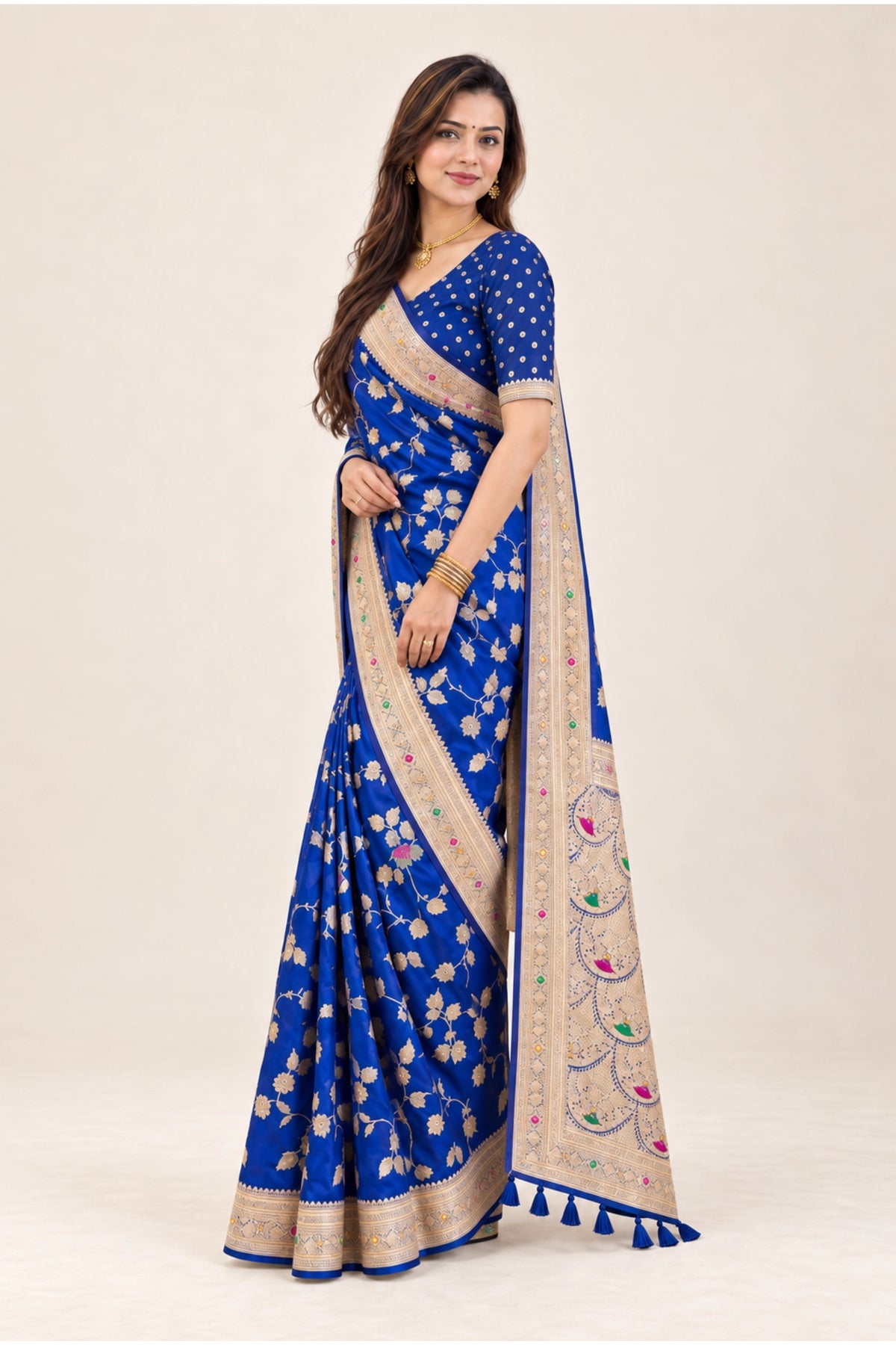 Royal Blue Meenakari Floral Woven Saree