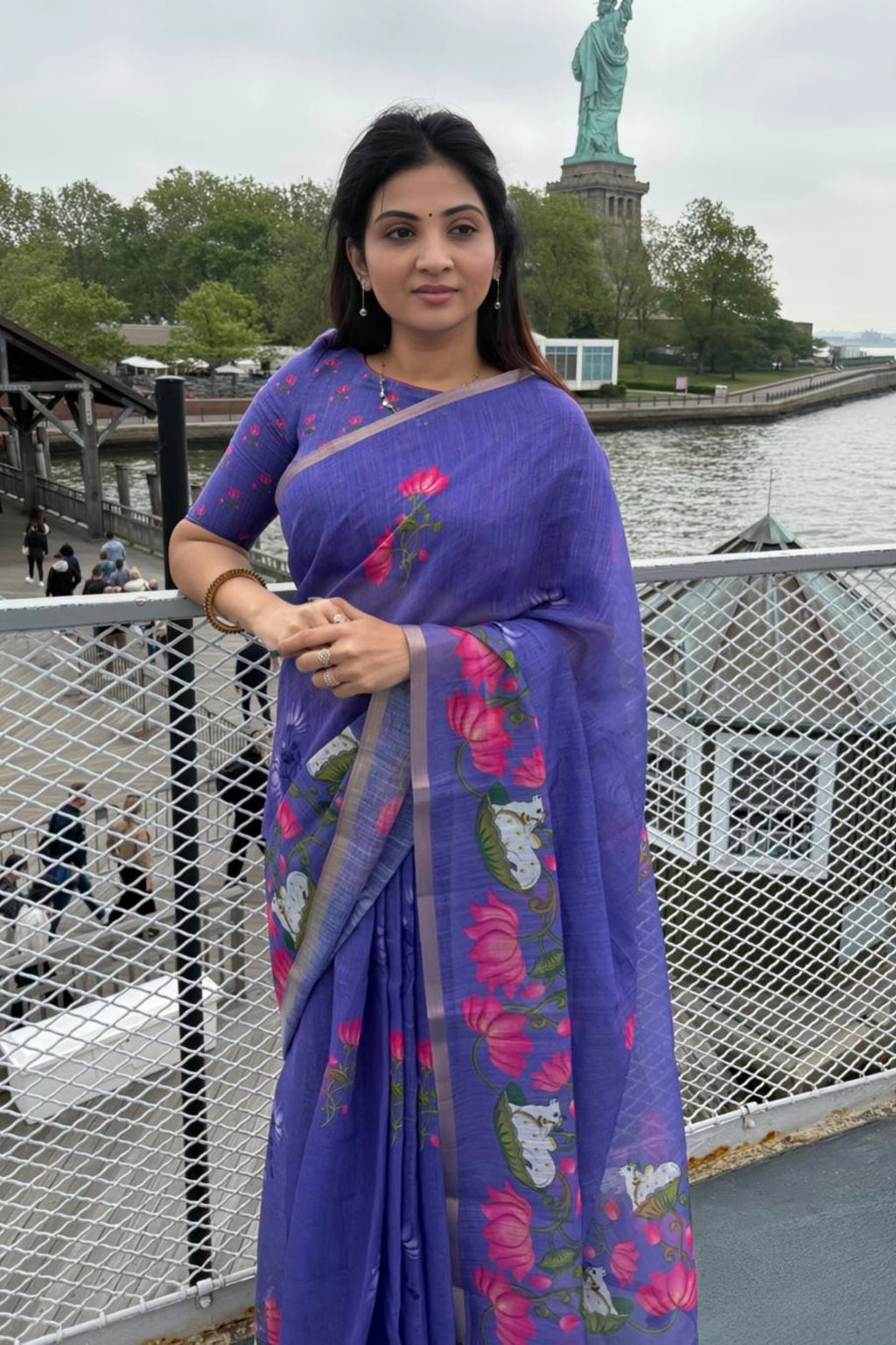 Lavender Purple Linen Silk Saree with Lotus & Cow Print