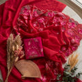 Ruby Red Organza Saree with Pink Floral Scalloped Border