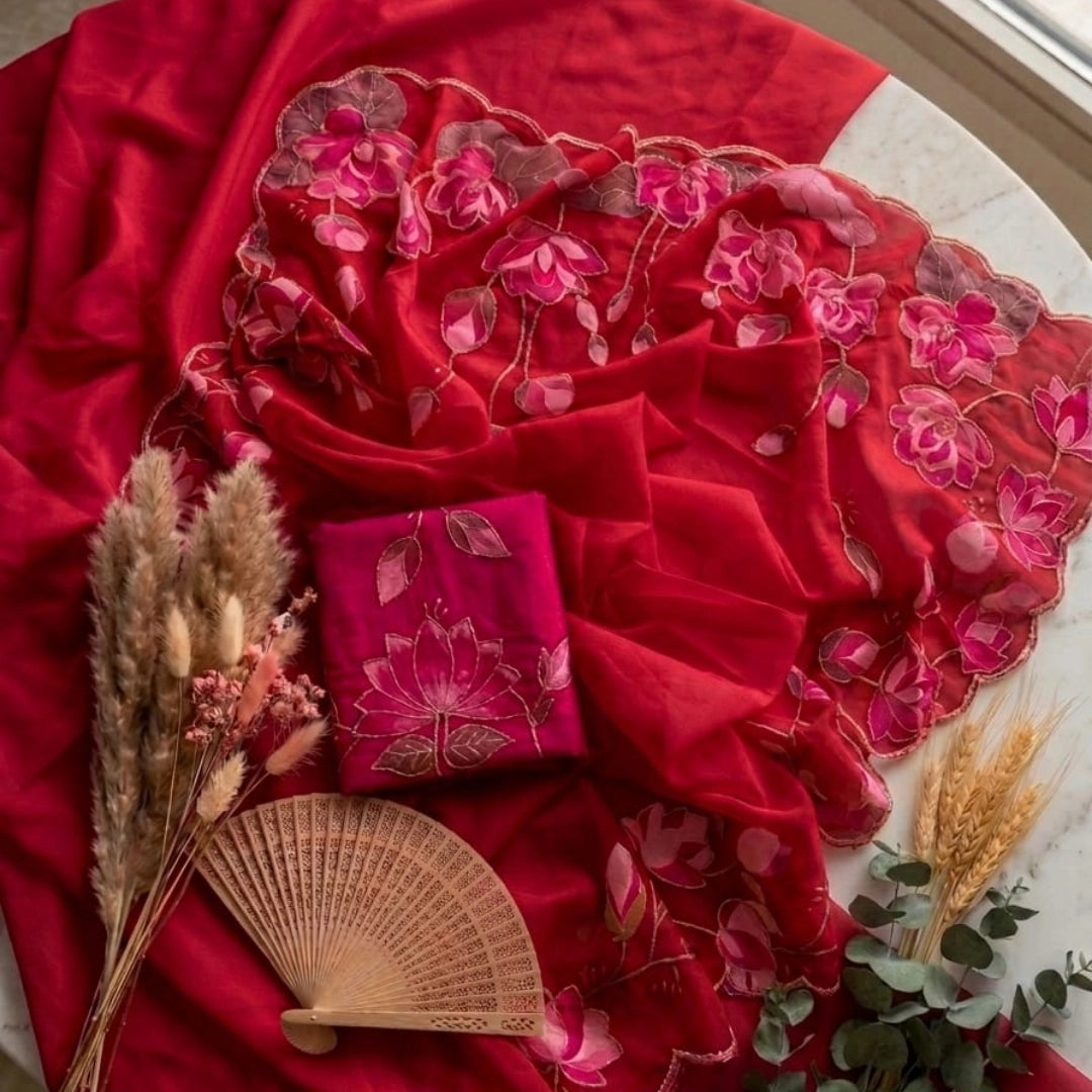 Ruby Red Organza Saree with Pink Floral Scalloped Border
