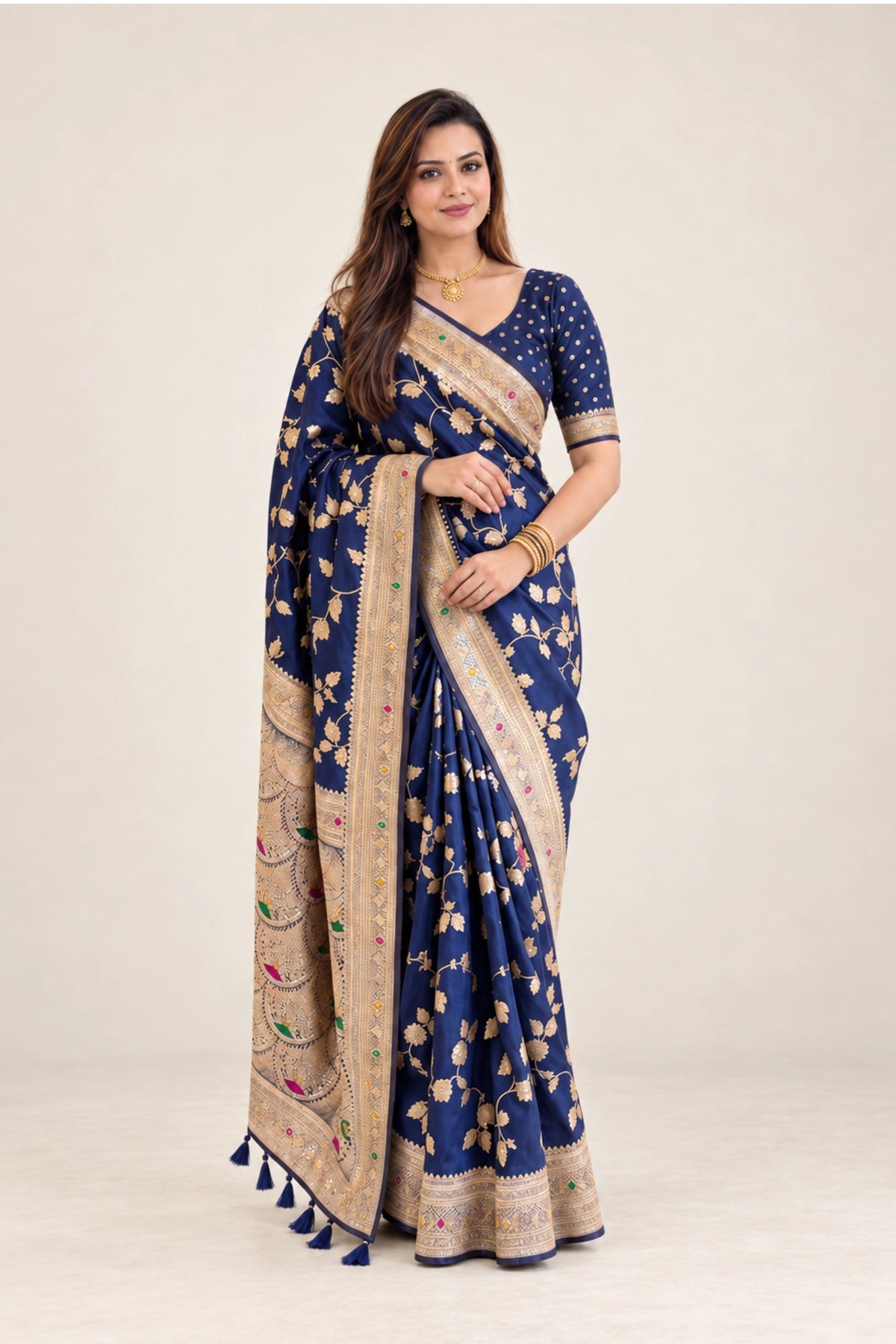 Navy Blue Meenakari Floral Woven Saree