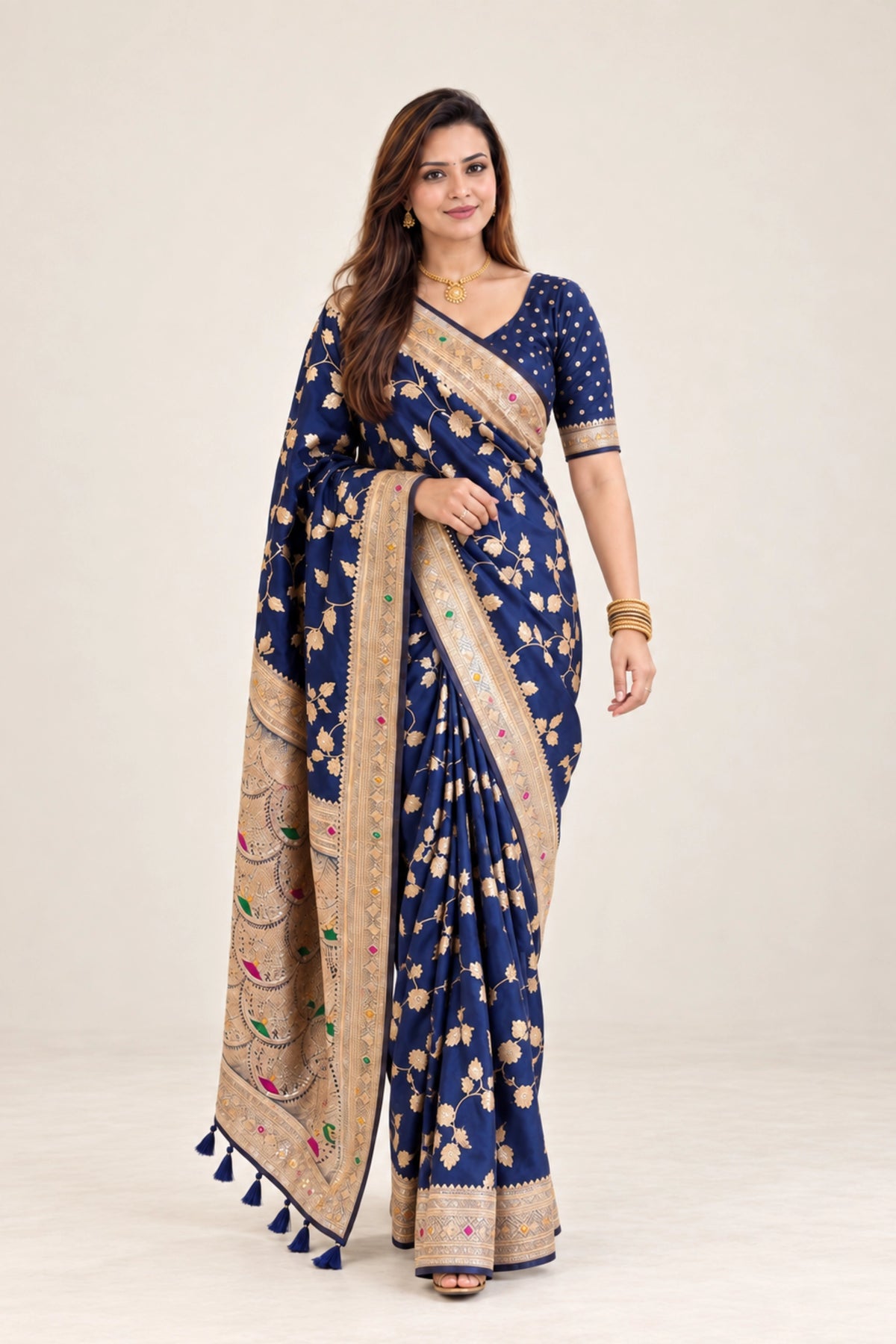 Navy Blue Meenakari Floral Woven Saree