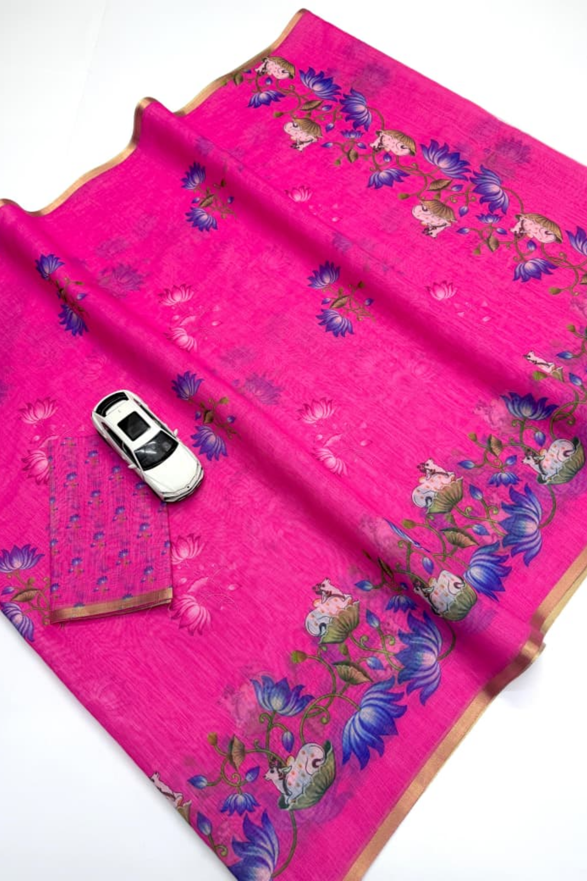 Rani Pink Linen Silk Saree with Lotus & Cow Print