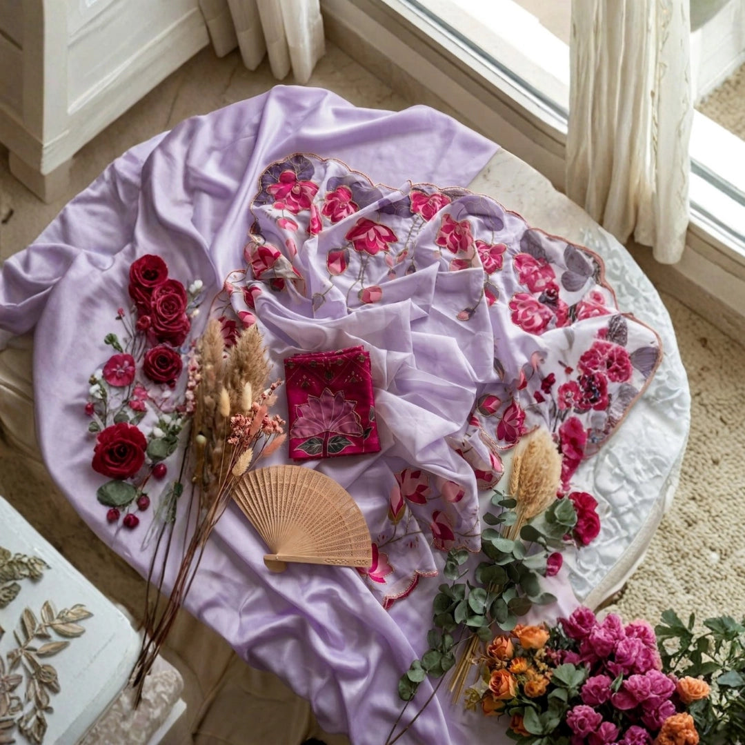 Lavender Organza Saree with Pink Floral Scalloped Border