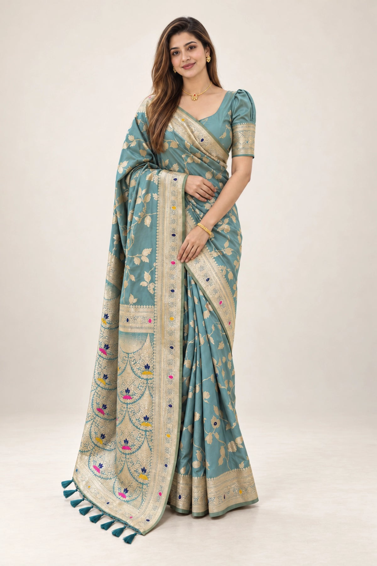Sea Green Meenakari Floral Woven Saree