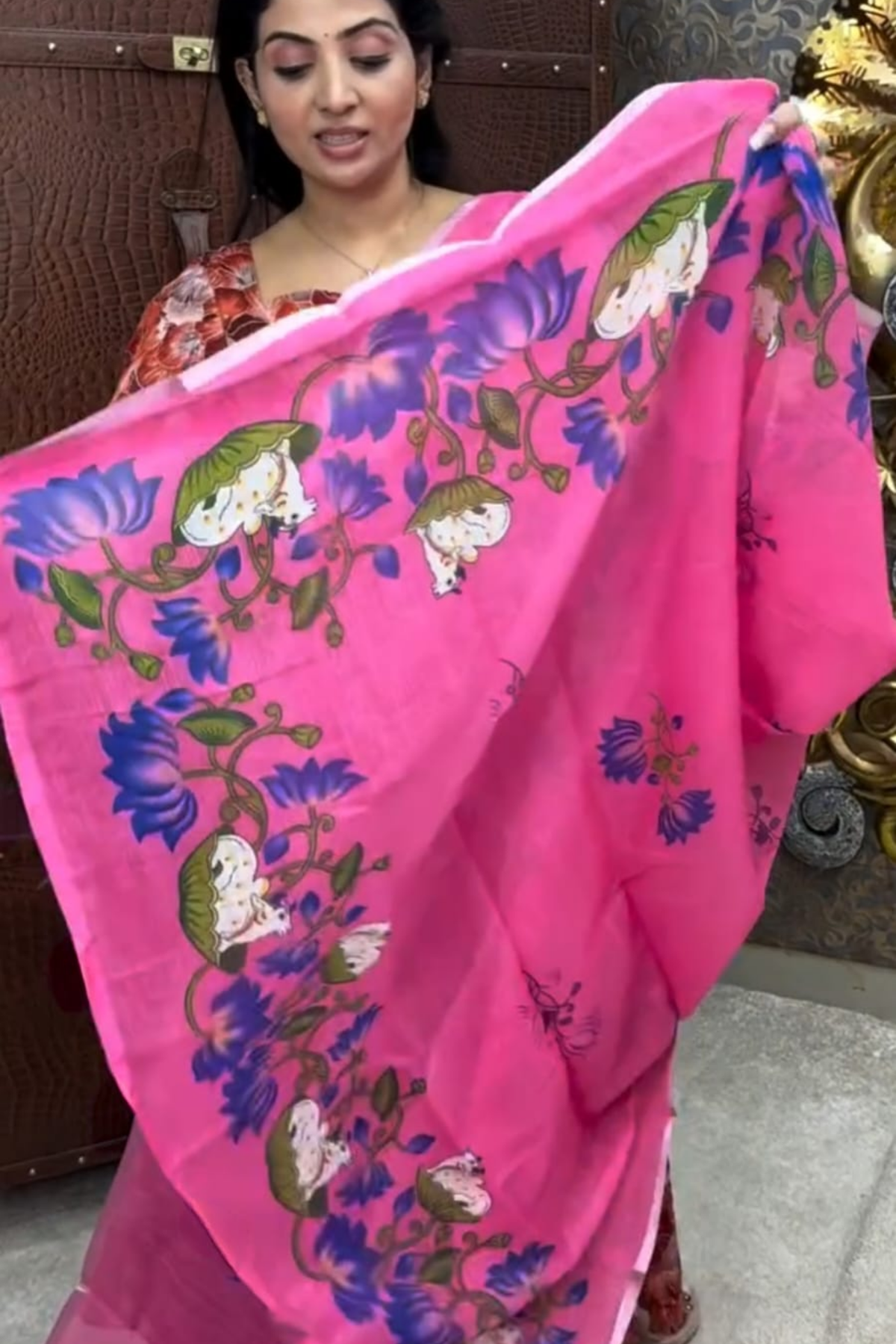Rani Pink Linen Silk Saree with Lotus & Cow Print