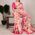 Champagne Beige Floral Soft Silk Saree with Rani Pink Border