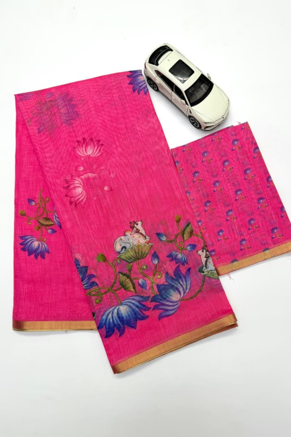 Rani Pink Linen Silk Saree with Lotus & Cow Print