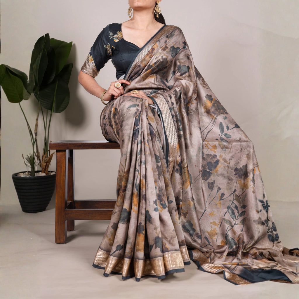 Mocha Taupe Floral Soft Silk Saree with Antique Gold Border