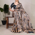 Mocha Taupe Floral Soft Silk Saree with Antique Gold Border