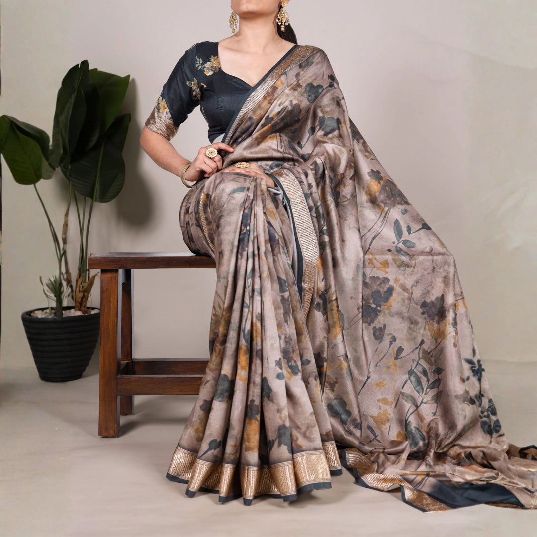 Mocha Taupe Floral Soft Silk Saree with Antique Gold Border