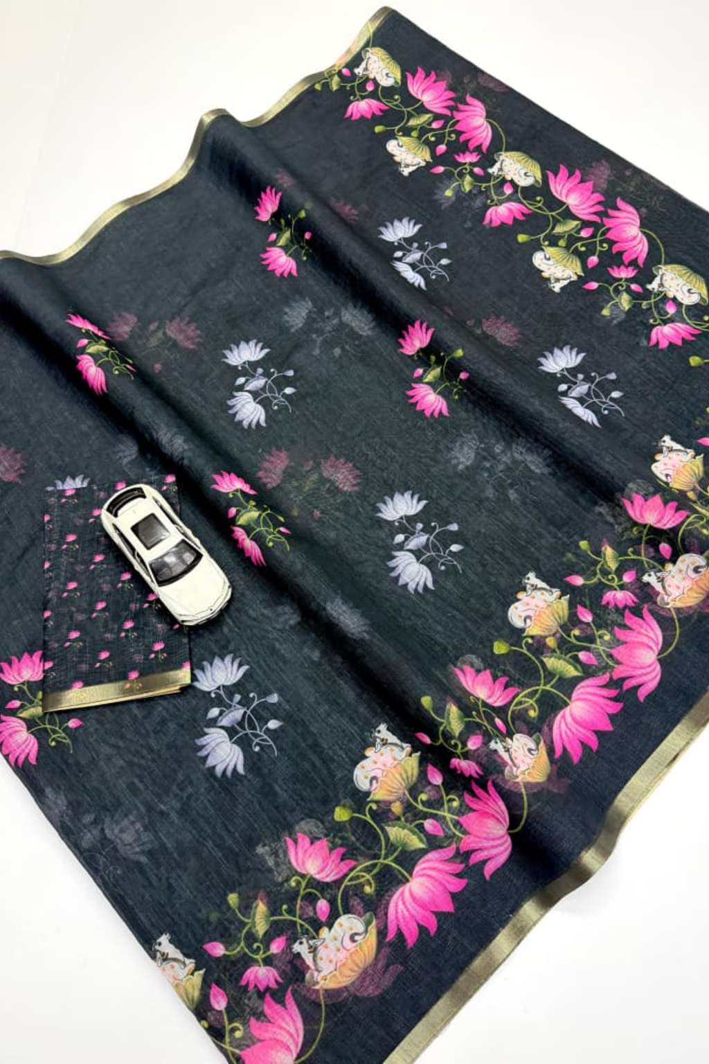 Black Linen Silk Saree with Pink Lotus & Cow Print