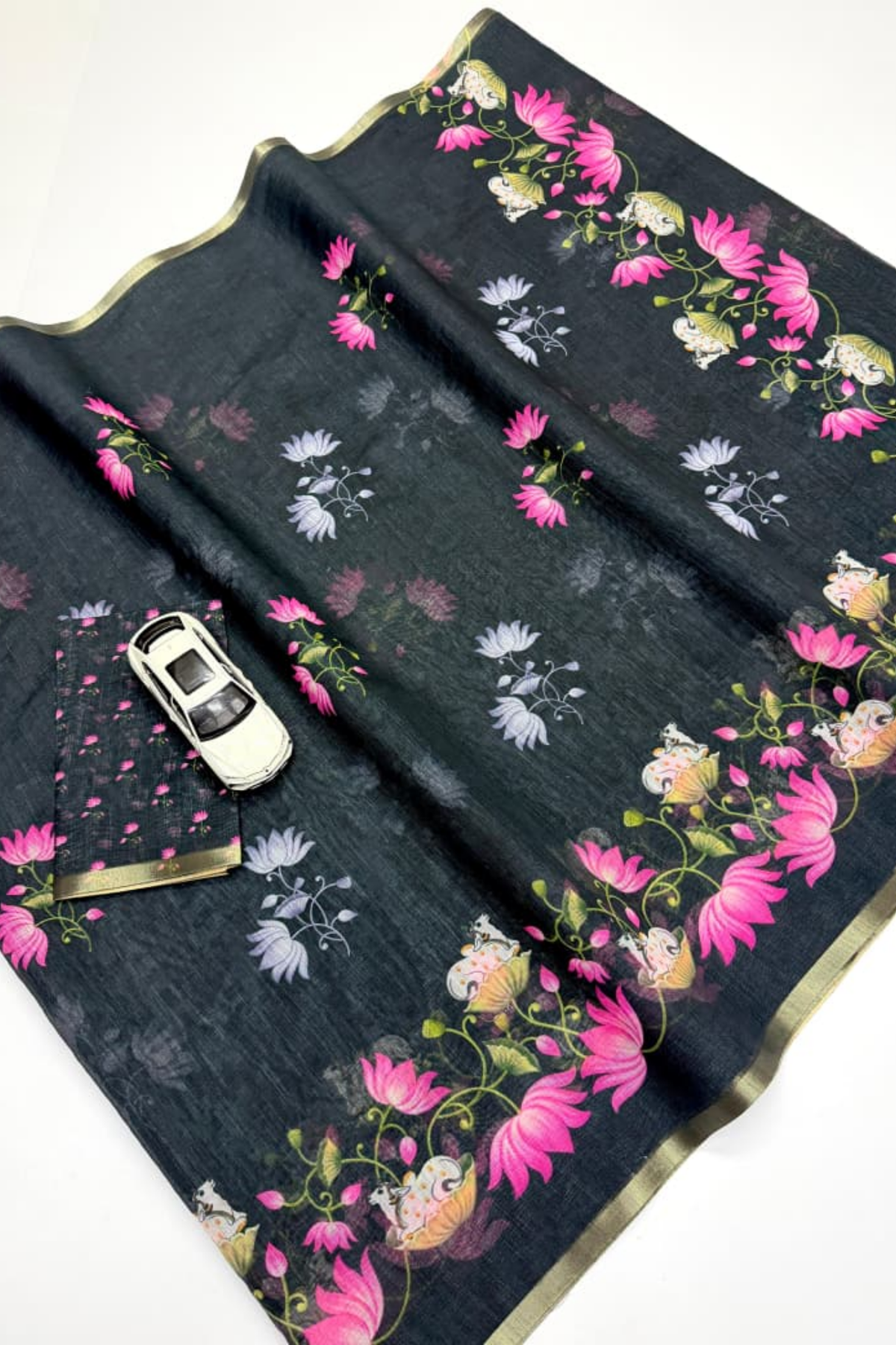 Black Linen Silk Saree with Pink Lotus & Cow Print