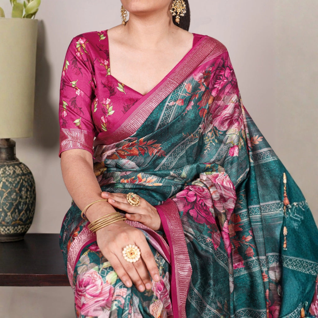 Teal Green Floral Soft Silk Saree with Magenta Border