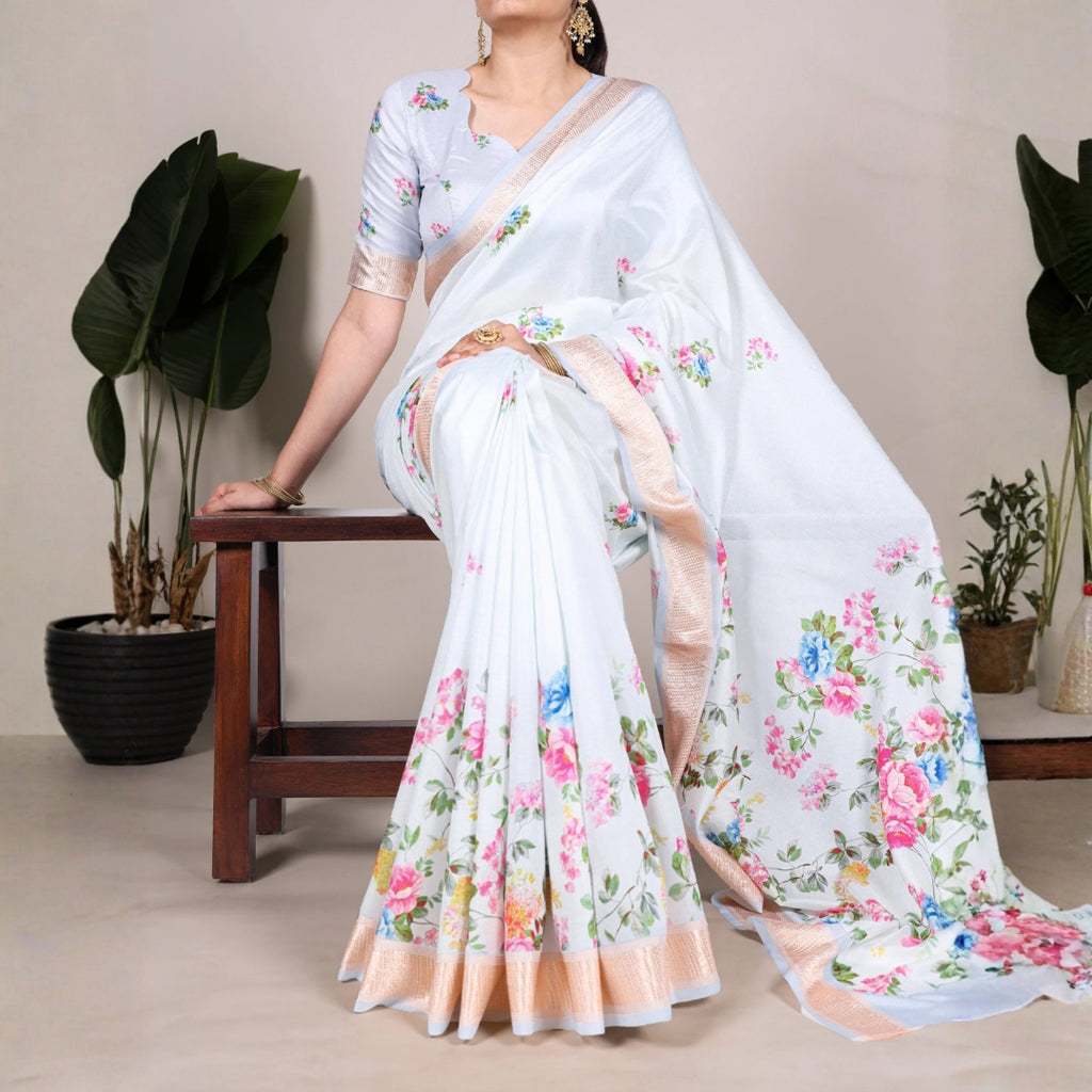 Powder Blue Floral Soft Silk Saree with Rose Gold Border