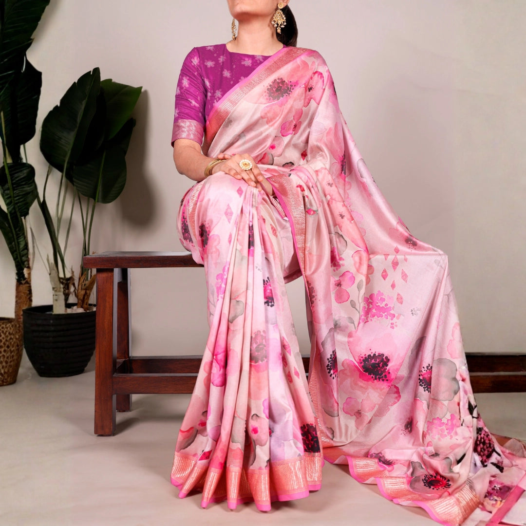 Blush Pink Floral Soft Silk Saree with Rose Gold Border