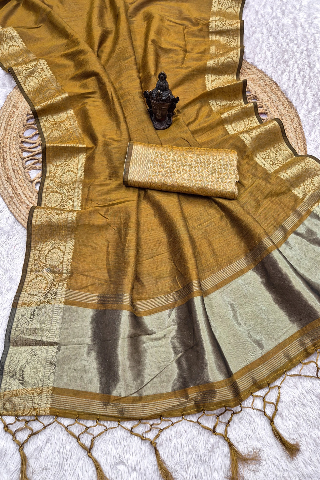 Antique Mustard Tussar-Style Saree with Gold Zari Border