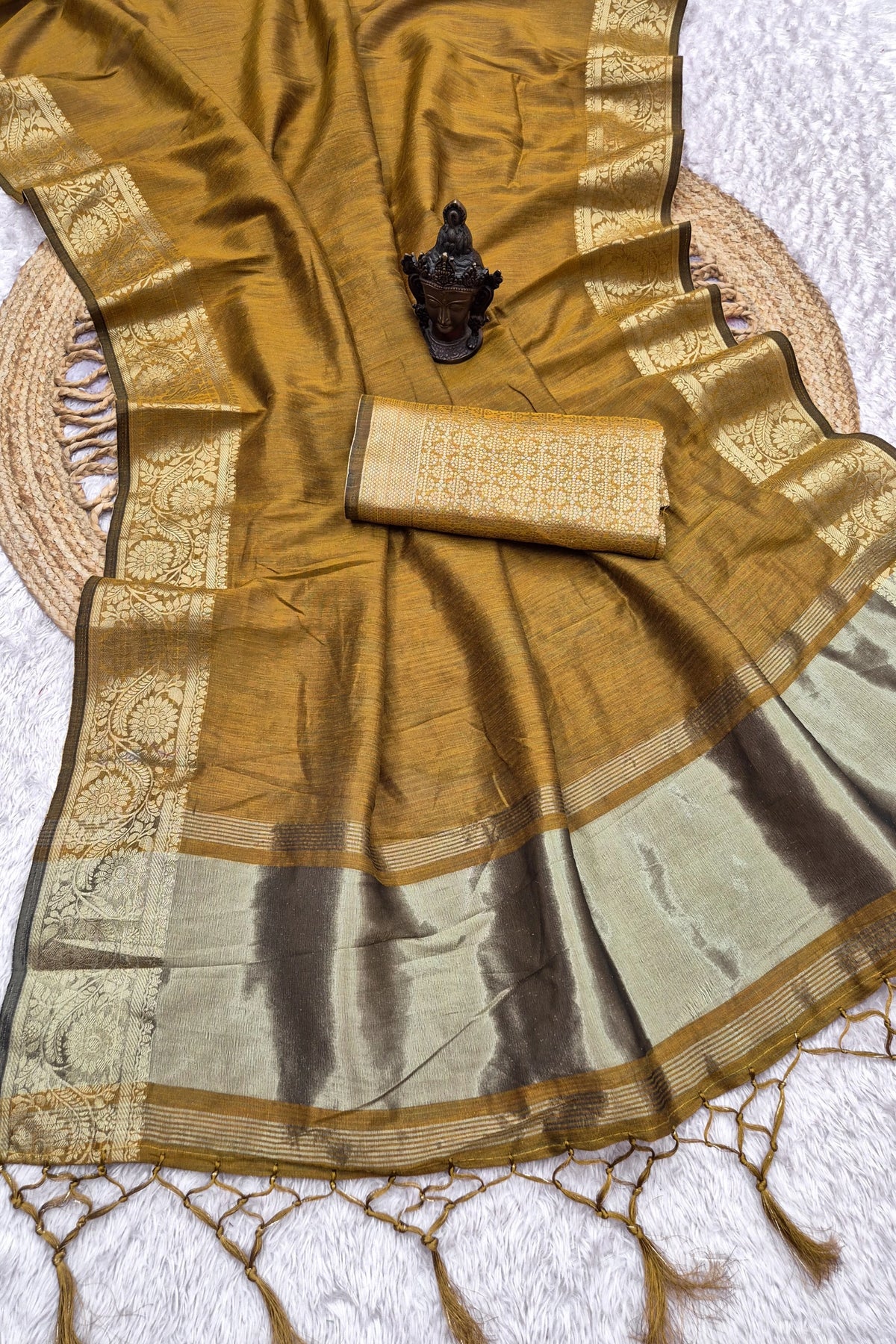 Antique Mustard Tussar-Style Saree with Gold Zari Border