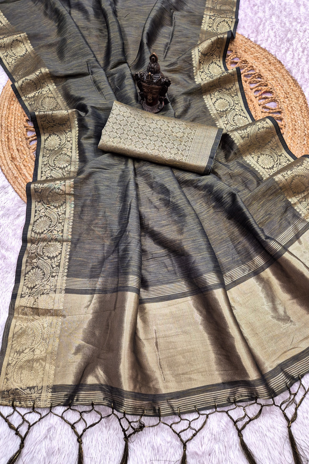 Charcoal Grey Tussar-Style Saree with Antique Gold Zari Border