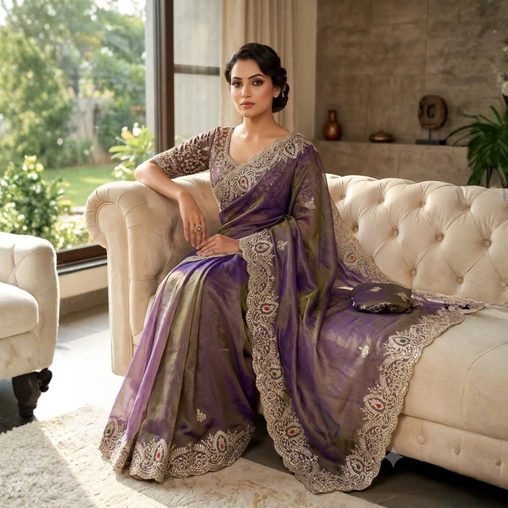Dual-Tone Violet Tissue Organza Saree with Sequin Embroidered Border
