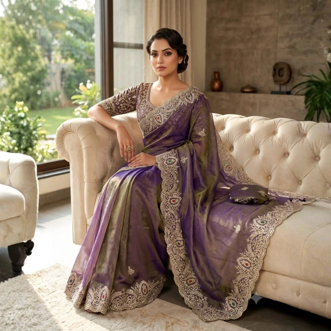 Dual-Tone Violet Tissue Organza Saree with Sequin Embroidered Border