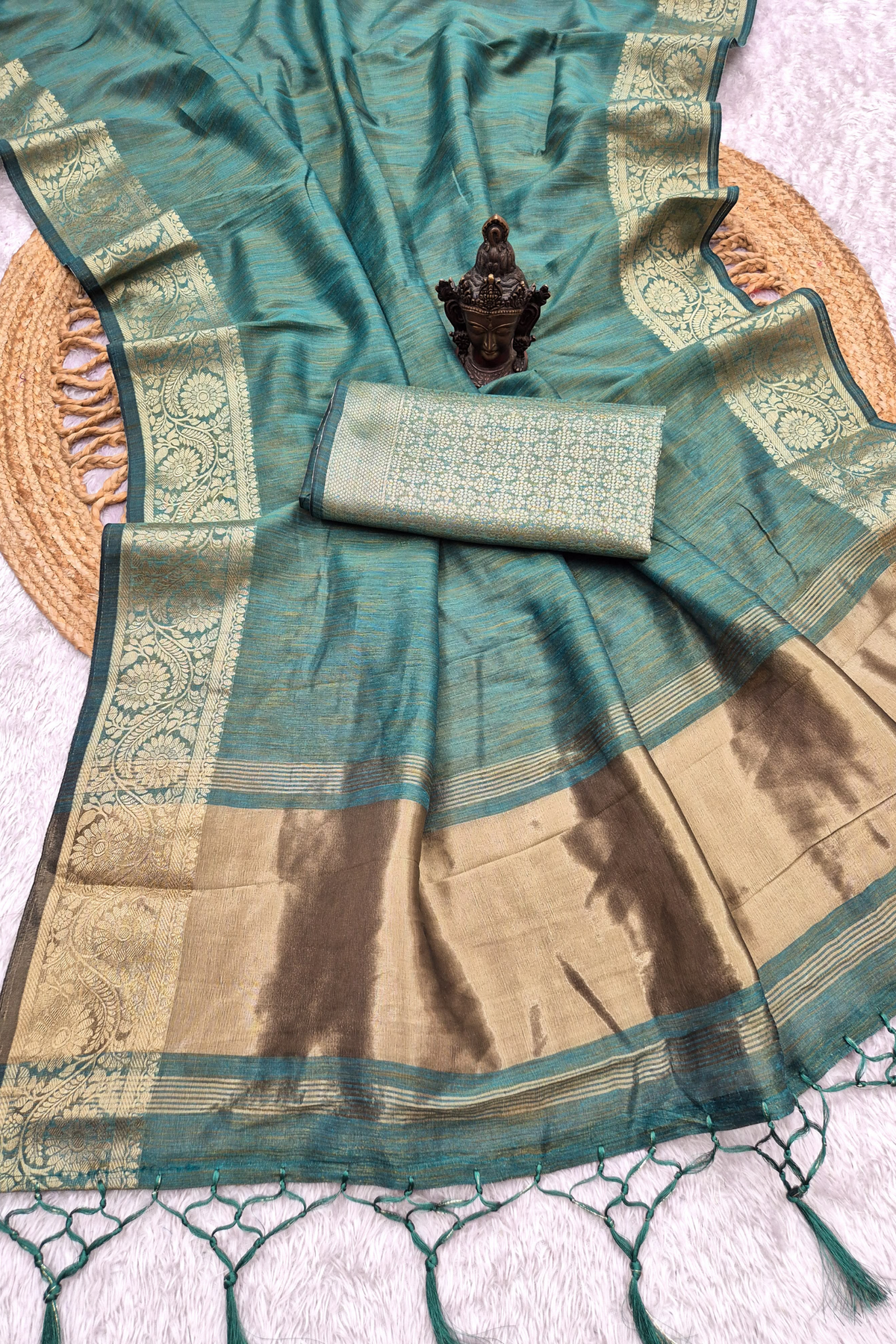 Antique Teal Tussar-Style Saree with Gold Zari Border