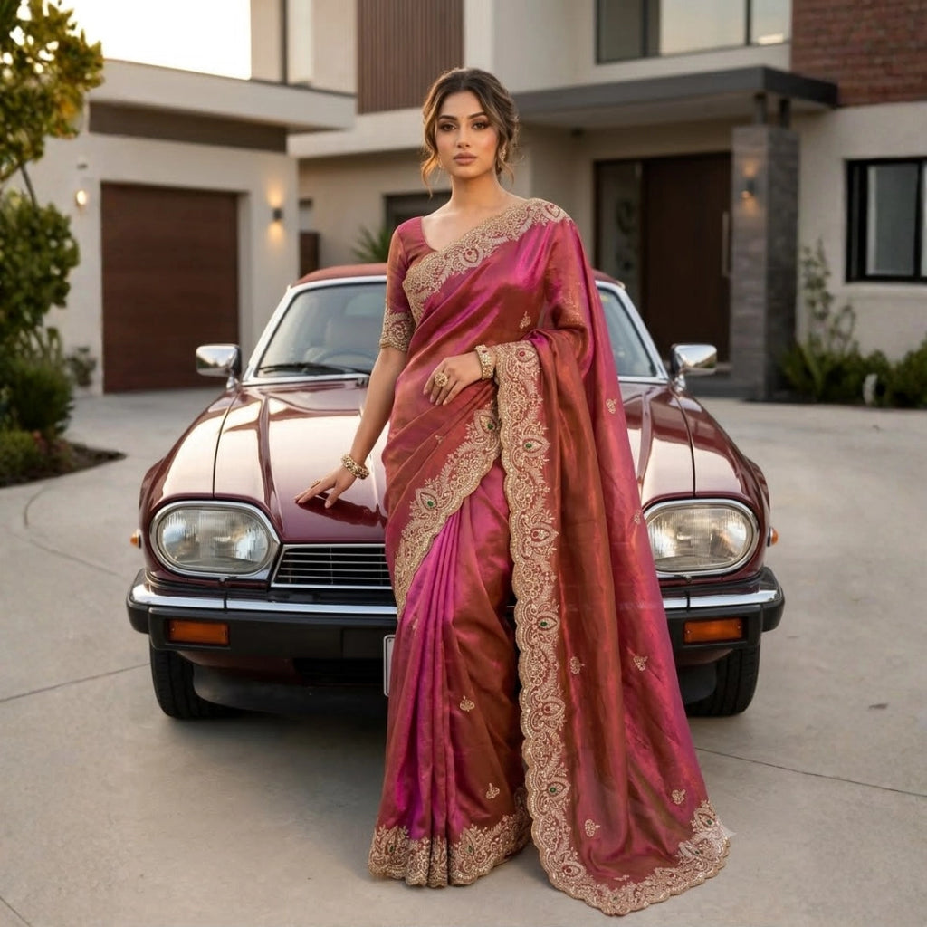 Rust Rose Tissue Organza Saree with Heavy Sequin Border