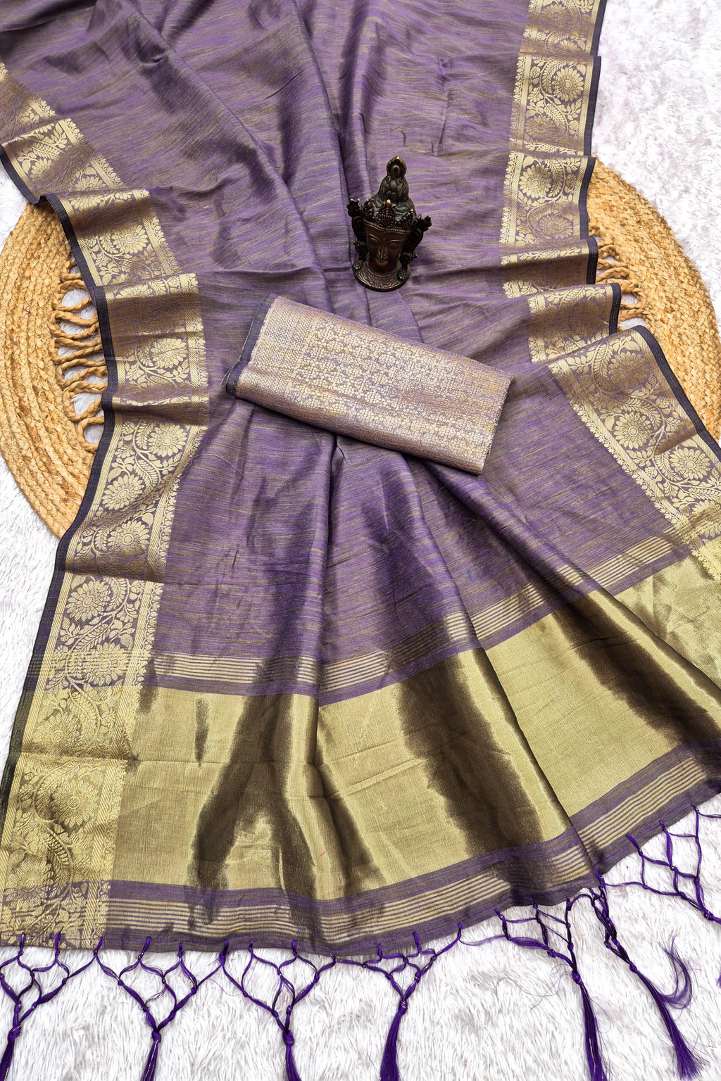 Dusty Lavender Tussar-Style Saree with Antique Gold Zari Border