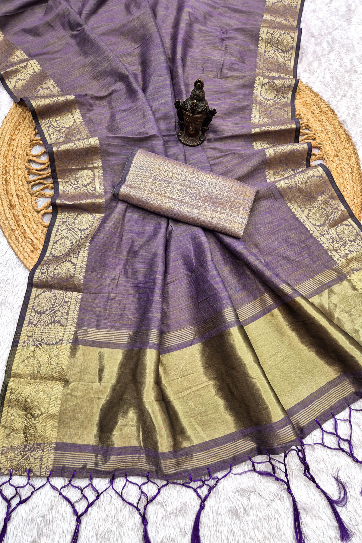 Dusty Lavender Tussar-Style Saree with Antique Gold Zari Border