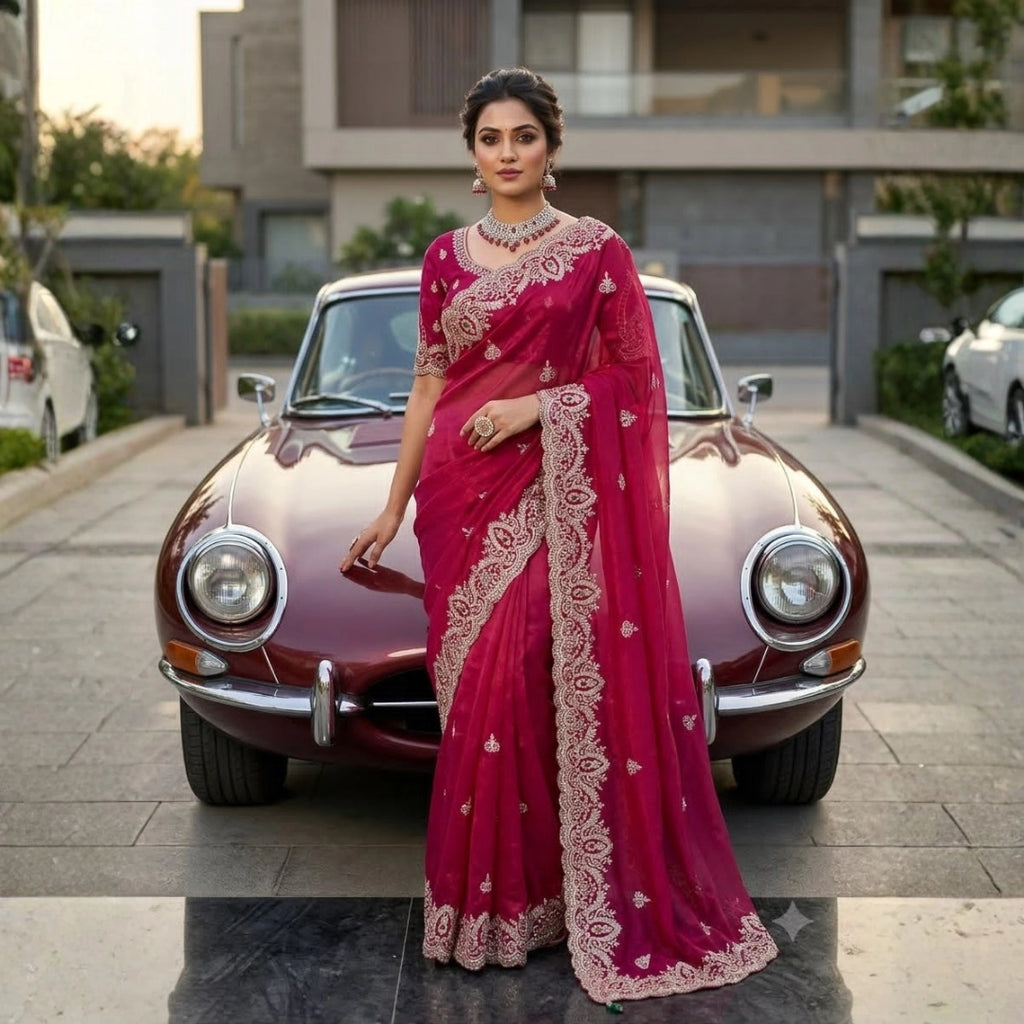 Rani Pink Tissue Organza Saree with Sequin & Stone Embroidery