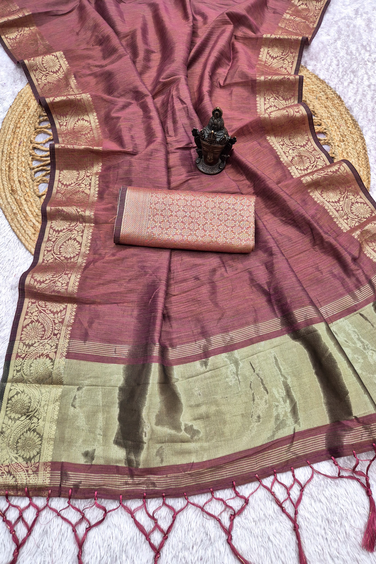 Dusty Rose Tussar-Style Saree with Antique Gold Zari Border