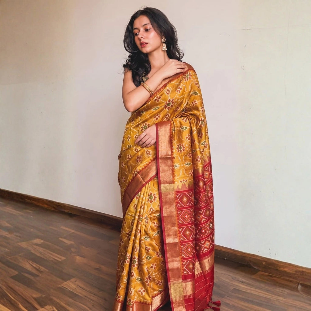 Mustard Patola-Inspired Silk Saree with Maroon Zari Border