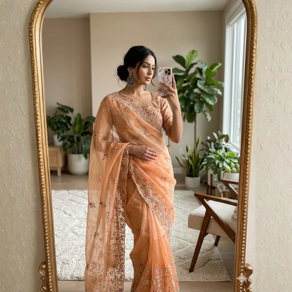 Peach Organza Saree with Floral Embroidery