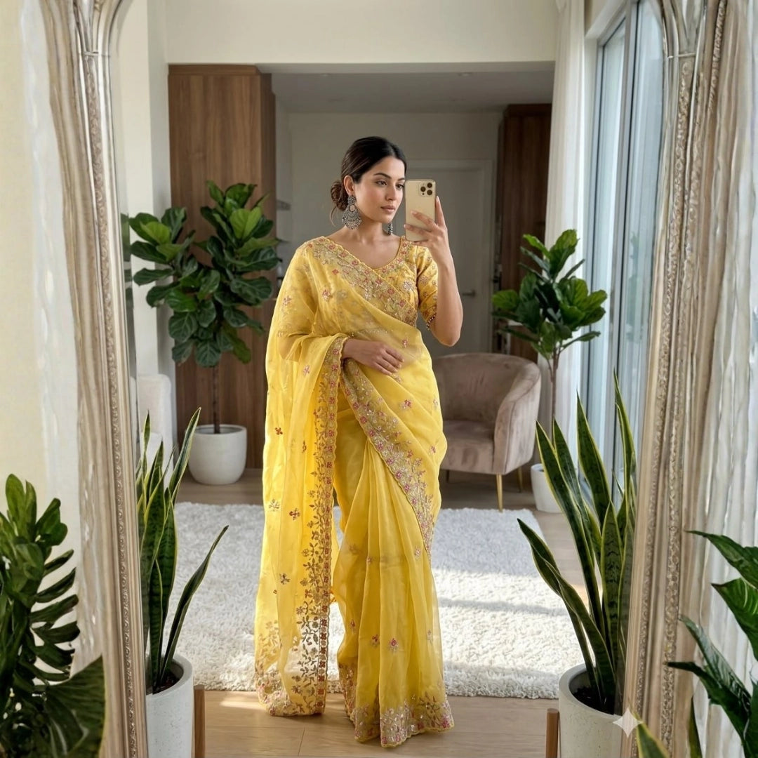 Sunshine Yellow Organza Saree with Floral Embroidery