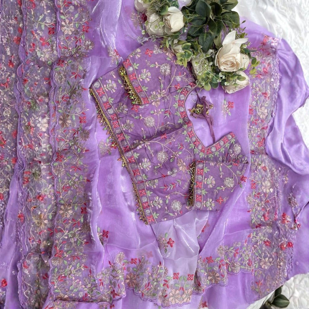 Lavender Organza Saree with Floral Embroidery