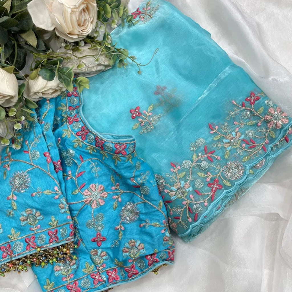 Aqua Blue Organza Saree with Floral Embroidery
