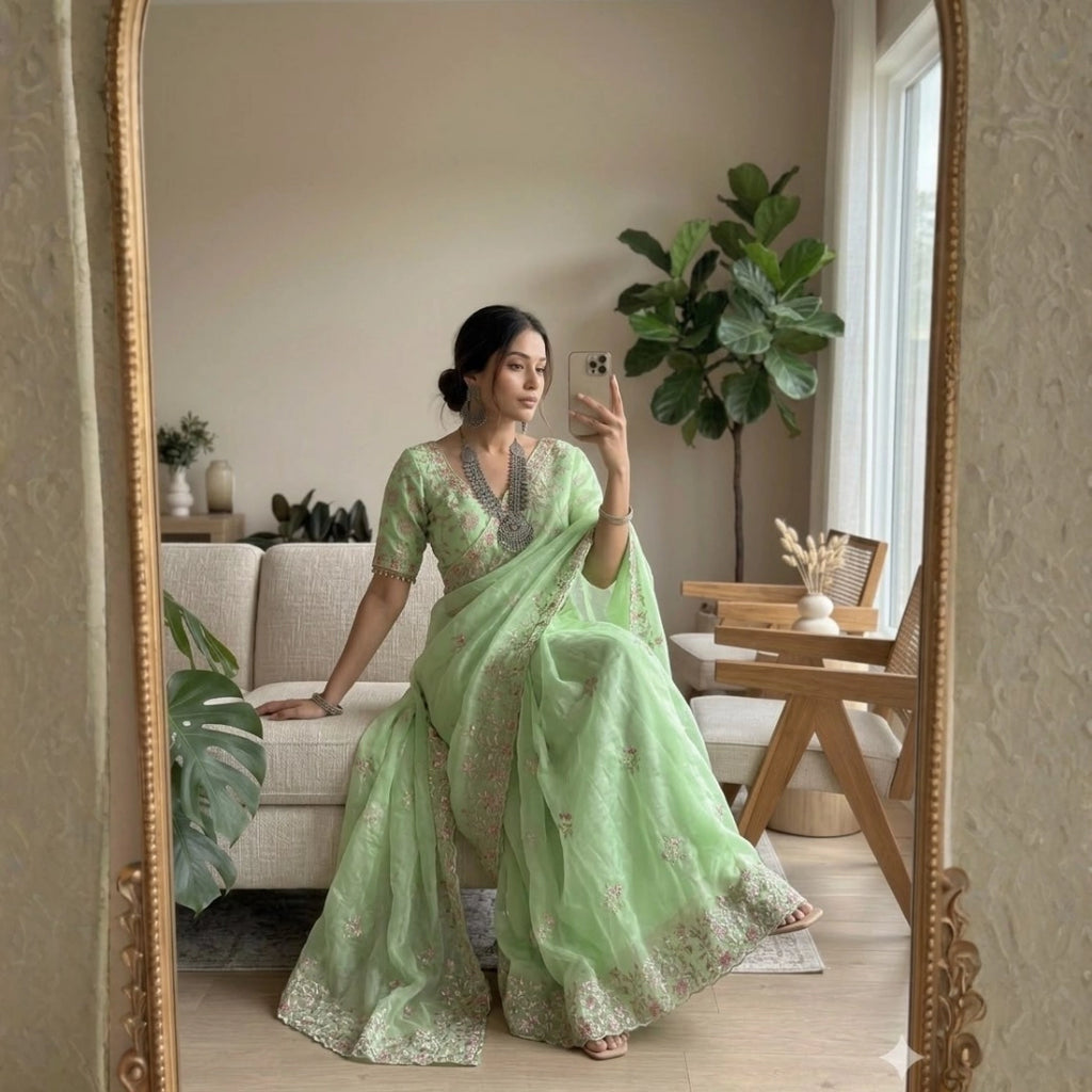 Mint Green Organza Saree with Floral Embroidery