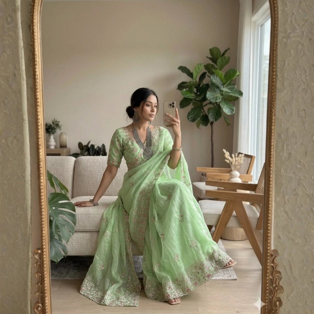 Mint Green Organza Saree with Floral Embroidery
