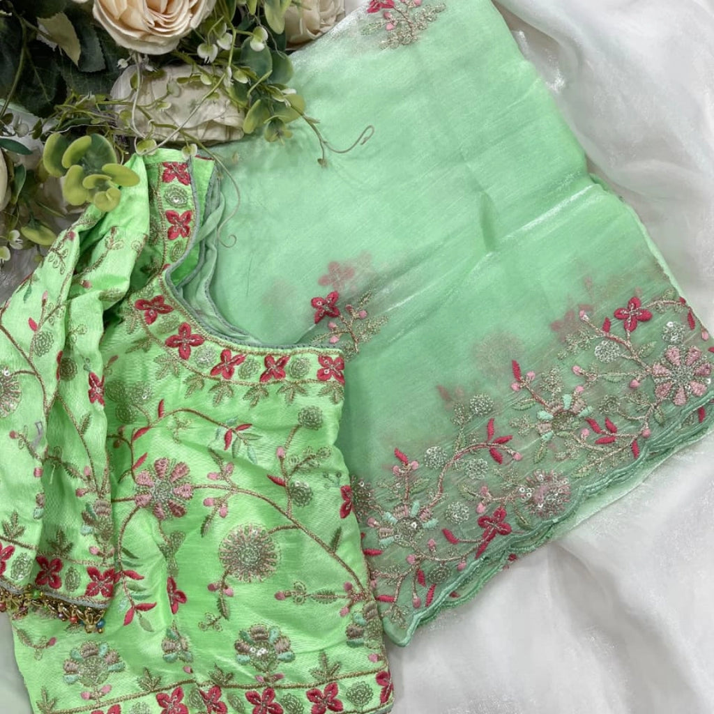 Mint Green Organza Saree with Floral Embroidery