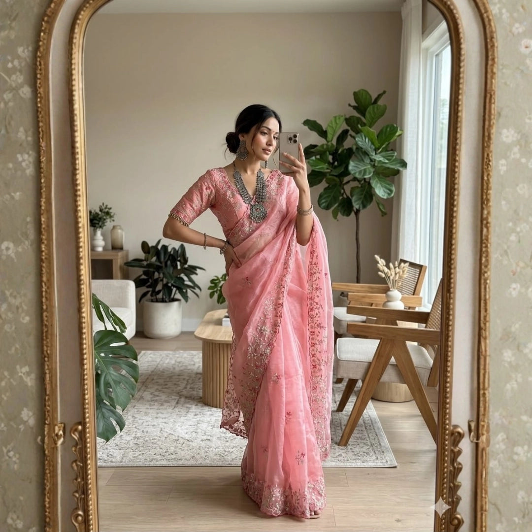 Blush Pink Organza Saree with Floral Embroidery