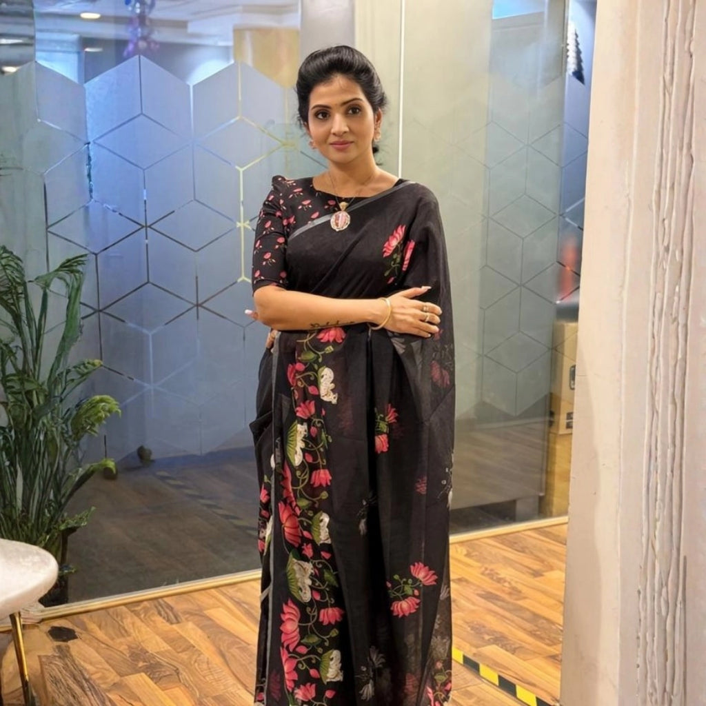 Black Linen Silk Saree with Pink Lotus & Cow Print