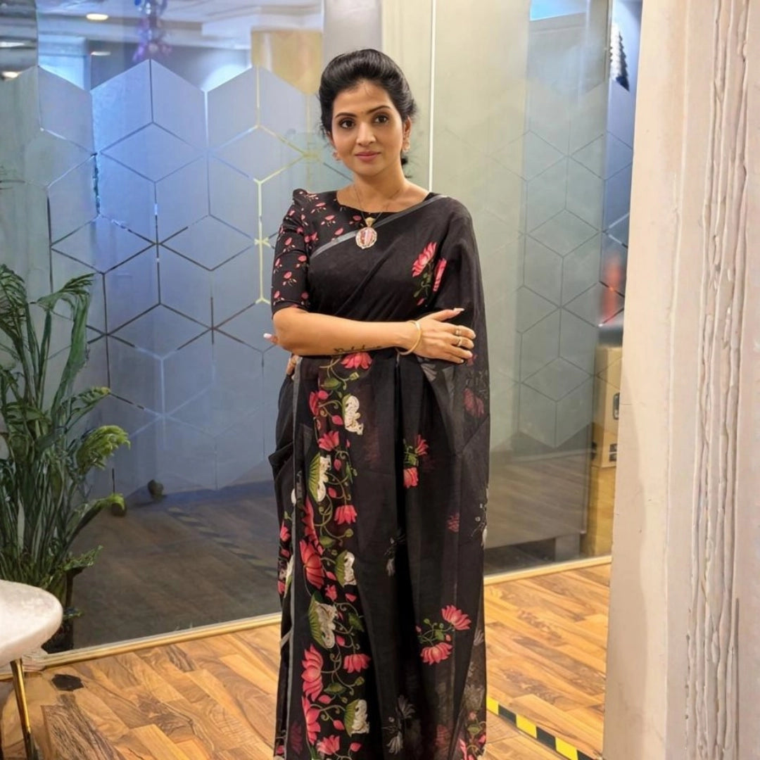 Black Linen Silk Saree with Pink Lotus & Cow Print