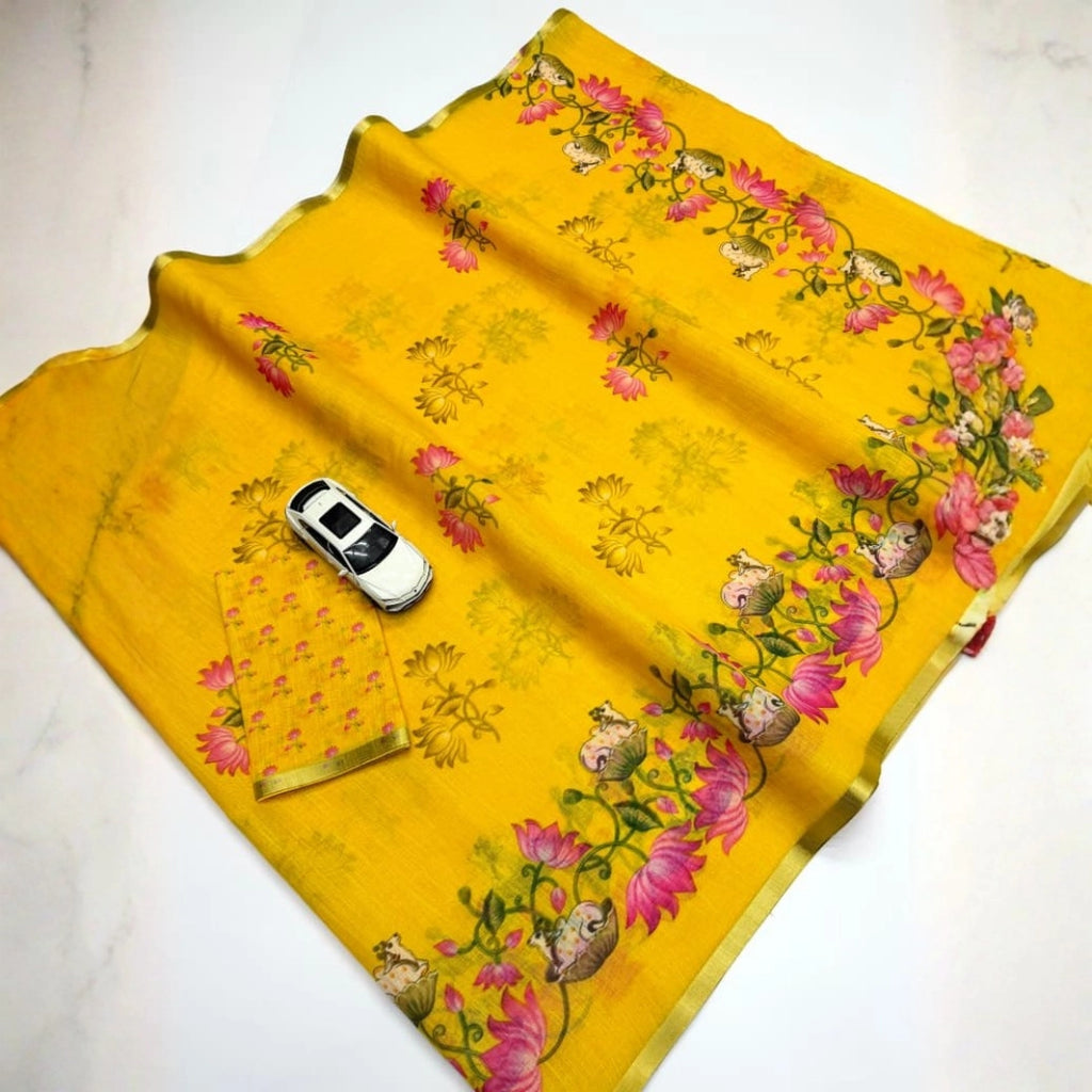 Sunshine Yellow Linen Silk Saree with Pink Lotus Print